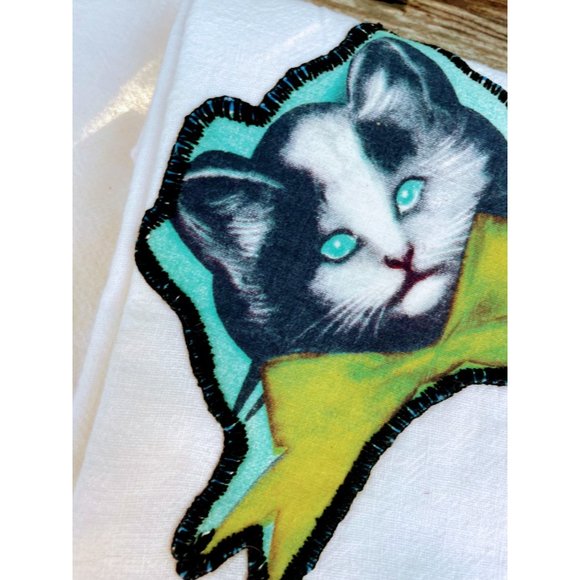 Vintage pair 1930s Creepy Eyes cat Face Applique Tea towels Dish Towels - Picture 6 of 9